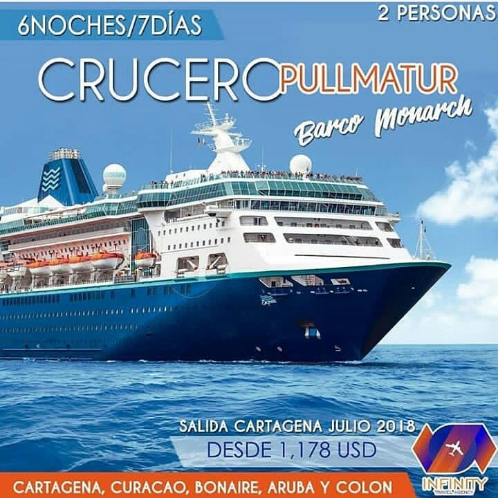 InfinityTraveel's tweet photo. 🎉Te damos la bienvenida desde 1178$ al #Crucero Pullmatur 🚢 con el #barco Monarch para 2 personas 6 noches/ 7 días Saliendo desde #Cartagena y GRATIS servicio de Restaurant y bebidas .
.
.
 #ViajarEsVivir #AgenciaDeViajes #Vacaciones #Paquetes #Turismo #FullDay #InfinityTravel https://t.co/XB8ZqJ6B1e