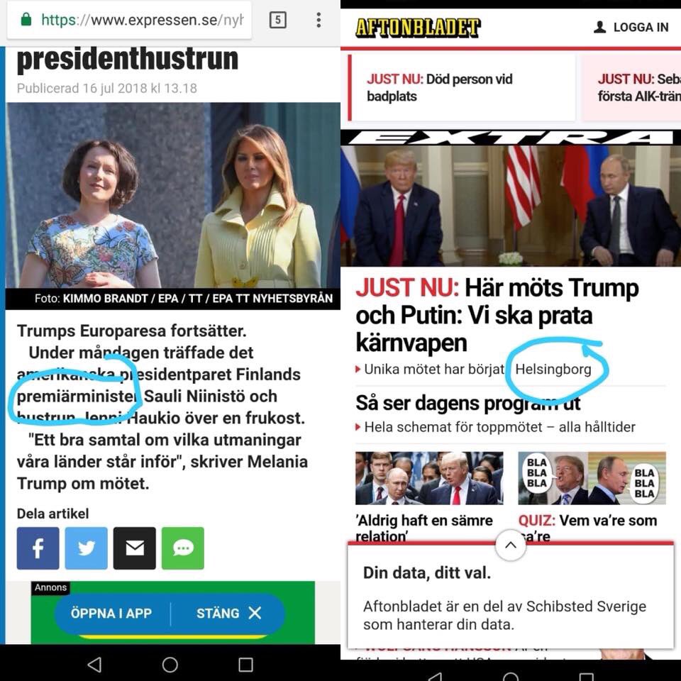 harmanen's tweet photo. Sweland magazines Naftonbladet and Hexpressen giving their contribution to the #HelsinkiSummit. Not much but good start for journalism. #PutinTrump #srevige #ruatti https://t.co/MQHdCfOP9J