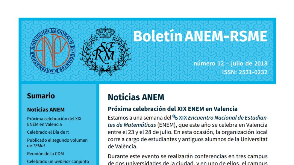 🕵¿Qué ha pasado últimamente entre los estudiantes de matemáticas y estadística?
📰Tienen boletín junto a la <a href="/RealSocMatEsp/">RSME</a> con noticias interesantes para todos los matemáticos: ofertas de trabajo, fechas de próximos congresos..

💙¿Nos ayudas a compartir?
anemat.com/wp-content/upl…