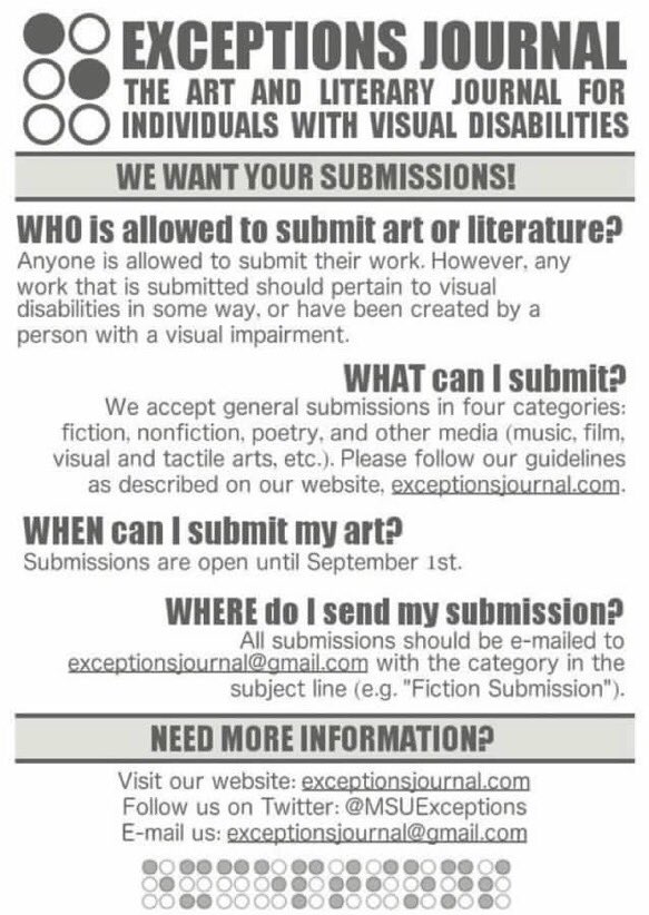 MSUExceptions's tweet photo. Did you know we are accepting submissions? We want to hear YOUR stories! 

Transcription of flyer will be posted below! 

#CallForSubmissions #LiteraryJounal #Visual #BloggersWanted #WritersWanted  

💌: exceptionsjournal@gmail.com https://t.co/fO2lf6Z6jn