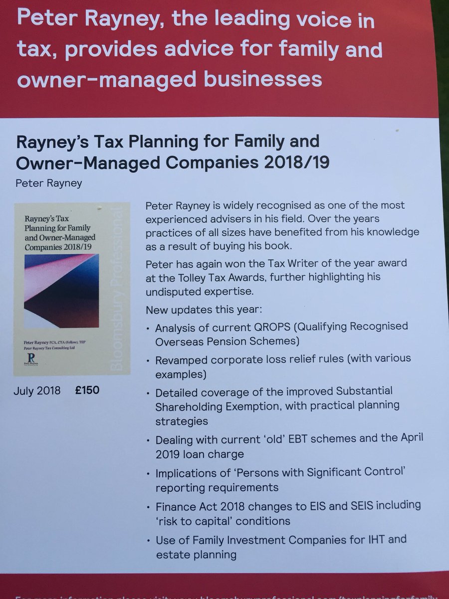 Peter4tax's tweet image. .Rayney’s #Taxplanning for Family and #ownermanaged companies 2018/19 is out now! Get your copy now @BloomsburyTax