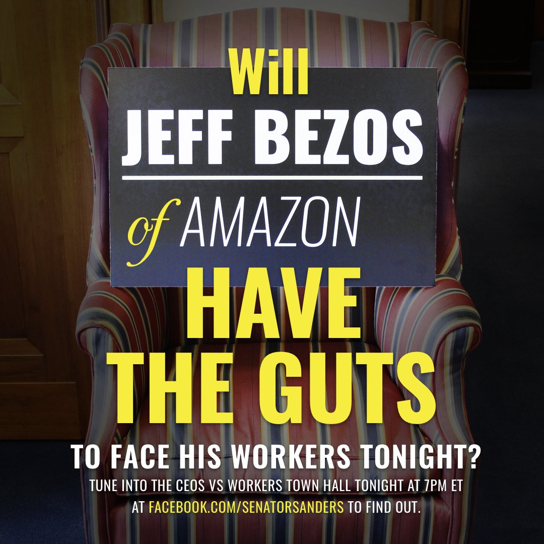 SenSanders's tweet image. Today Jeff Bezos, the CEO of Amazon, became the richest man in modern history with a net worth over $150 billion. But will he face his own workers at our town hall tonight? Probably not. facebook.com/events/8872149…