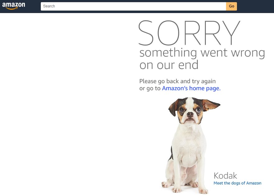 Jesstheking's tweet photo. Nice try @amazon. Trying to distract me from the 500 error page by showing adorable puppies isn't working.  #amazoncrash #Amazon  #AmazonPrimeDay2018 https://t.co/pg2M9k5fr2