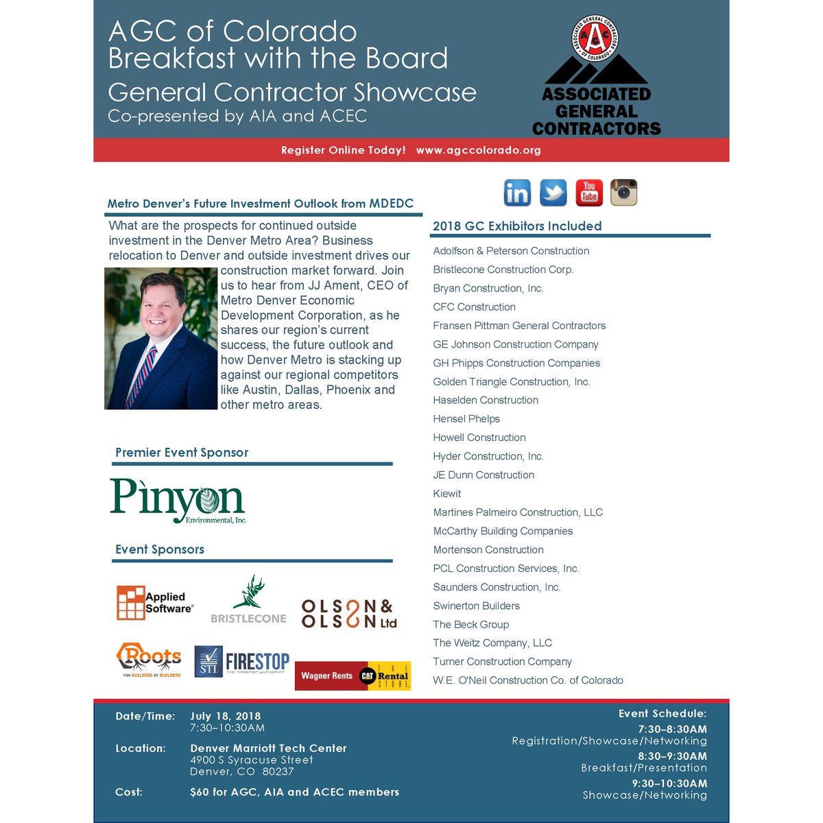 AGC_Colorado's tweet photo. THIS WEDNESDAY: Only a few open seats left for our July 18 Breakfast with the Board & GC Showcase!! Hear from the Metro Denver Economic Development Corporation on Denver's future investment outlook. REGISTER TODAY! https://t.co/ThLFxpBRKM #BuildColoradoAGC #DenverDevelopment https://t.co/cmaRY4PGAb