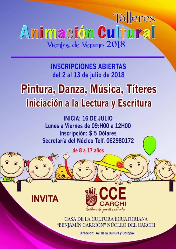 CasaCarchi's tweet photo. Desde el día de hoy Lunes, 16 de Julio se dieron inicio a los Talleres de Animación Cultural " Vientos de Verano", en donde los niños y jóvenes podrán participar en talleres de Música, Pintura, Danza, Lectura, Títeres.
 Ven y se parte de nuestra sinfonía cultural y recreativa. https://t.co/G2YaF1TC2l