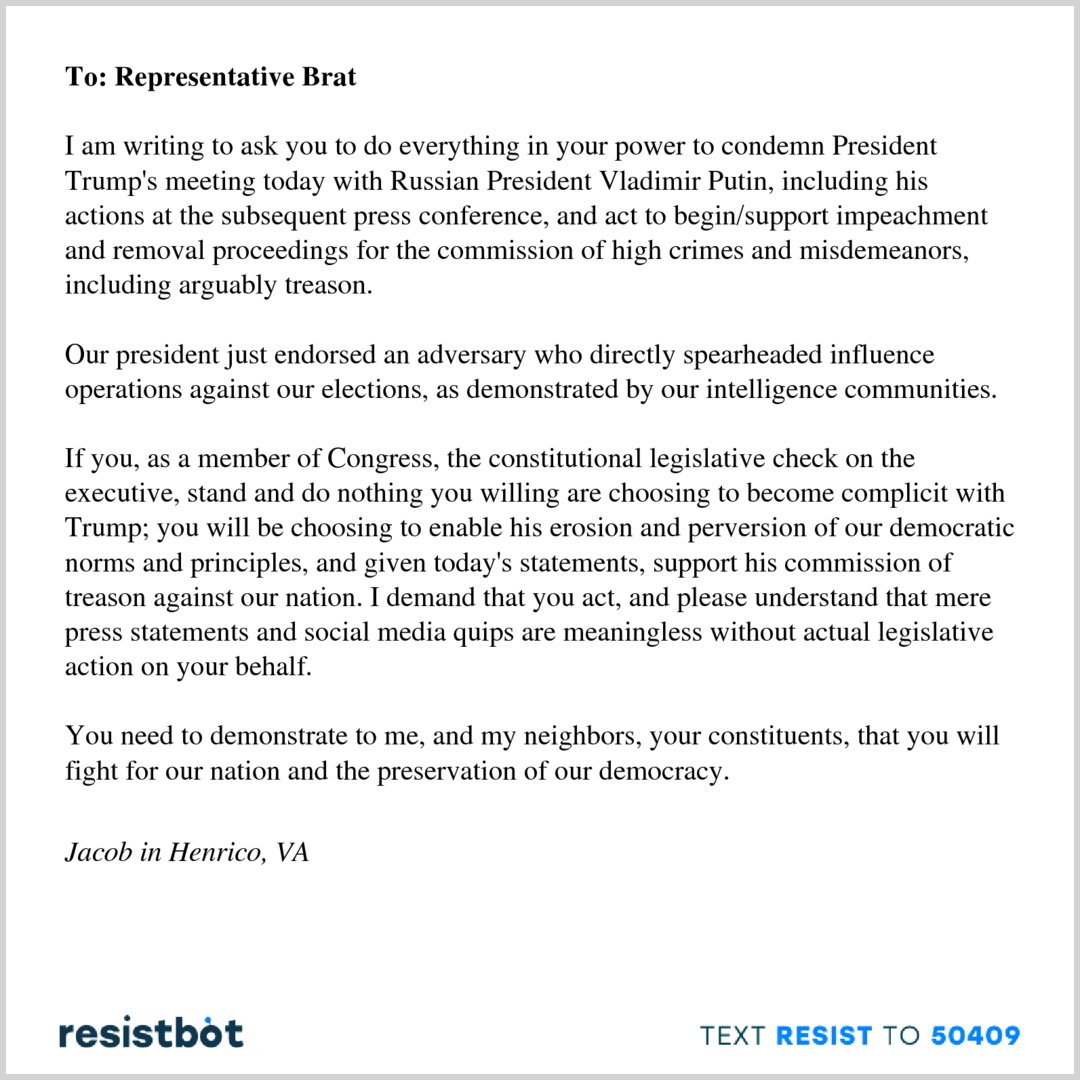 openletterbot's tweet photo. Here’s an open letter from Jacob in Henrico, VA to @RepDaveBrat #resist #resistbot https://t.co/kzu9ReuVuY