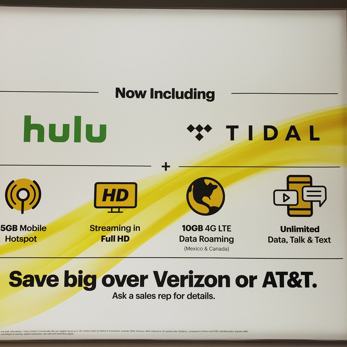 PeoriaSprint's tweet photo. Unlimited data, Hulu, Tidal 15 GB of hotspot per line? When you bring you're own device get all this and more for just 22/mo for 5 lines. Half the price of competitors.  @ScottForSprint @denverpost @JamesLeeWC https://t.co/WMjqxQYKBx