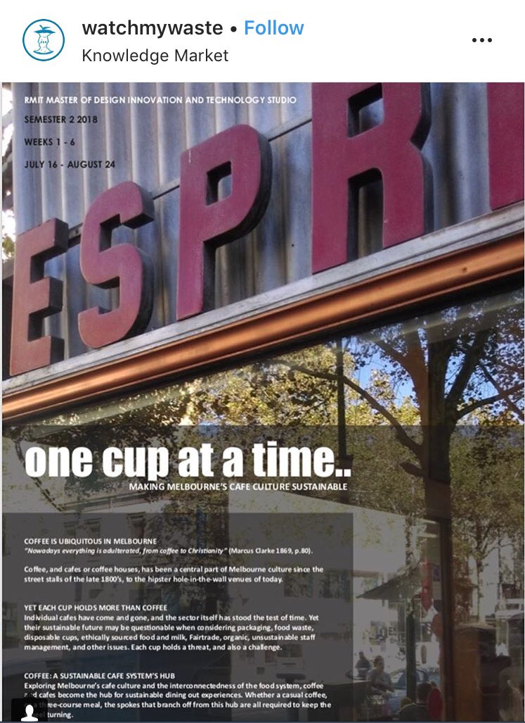 Starting today! <a href="/RMIT/">RMIT University</a> Master of Design, Innovation and Technology students commence the ‘One Cup At A Time’ intensive Studio at <a href="/cityofmelbourne/">City of Melbourne</a>’s Knowledge Market. Can we design a #sustainable #coffee culture for #Melbourne #cafes ?
