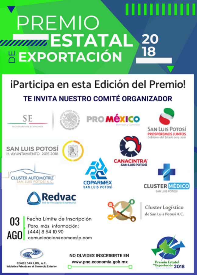 CLSLP_AC's tweet image. Premio Estatal de Exportación 2018. ⁦@ComceOficial⁩  Te invitamos a participar