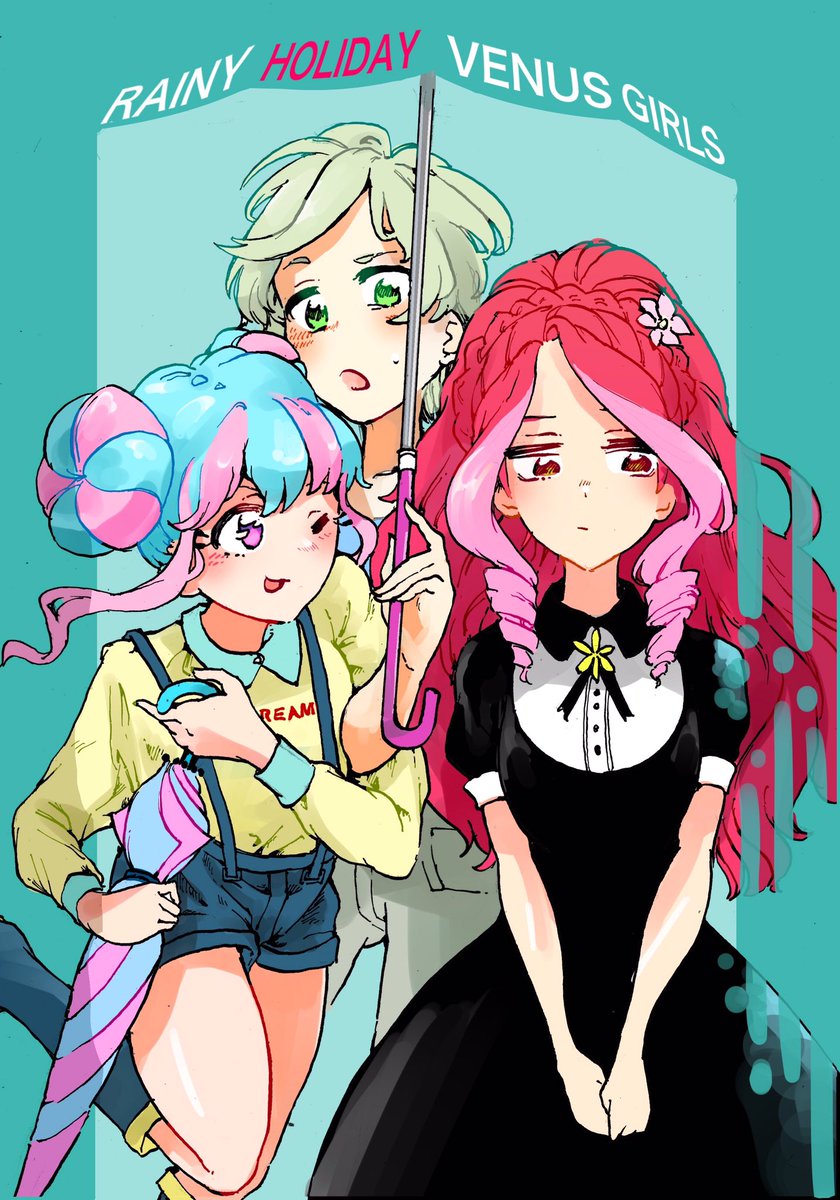 multiple girls pink hair umbrella hair bun green eyes shorts blue hair  illustration images