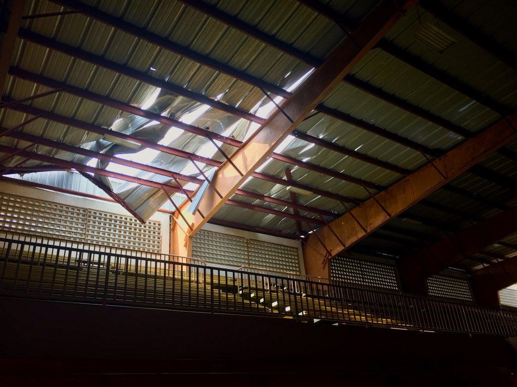 FeelingFisky's tweet image. Was helping clean a building today when I looked up to this: the metal roof ripped apart like paper in 2 places.

The scars from Hurricane Maria are everywhere here, both physically &amp;amp; emotionally. My heart hurts so much for all that my island has endured and continues to endure.
