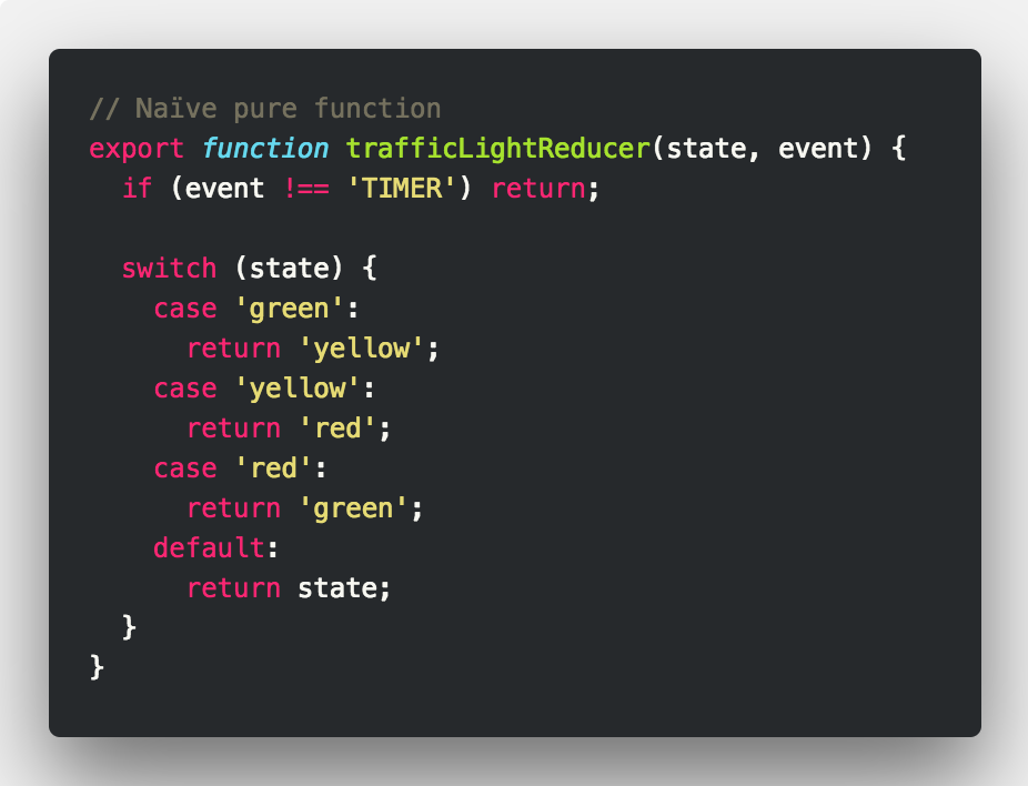 // Naïve pure function
export function trafficLightReducer(state, event) {
  if (event !== 'TIMER') return;

  switch (state) {
    case 'green':
      return 'yellow';
    case 'yellow':
      return 'red';
    case 'red':
      return 'green';
    default:
      return state;
  }
}