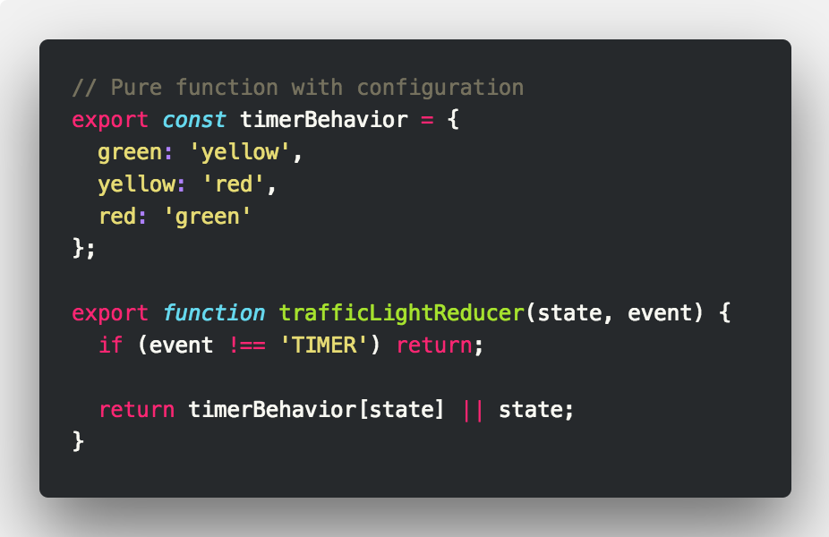 // Pure function with configuration
export const timerBehavior = {
  green: 'yellow',
  yellow: 'red',
  red: 'green'
};

export function trafficLightReducer(state, event) {
  if (event !== 'TIMER') return;

  return timerBehavior[state] || state;
}