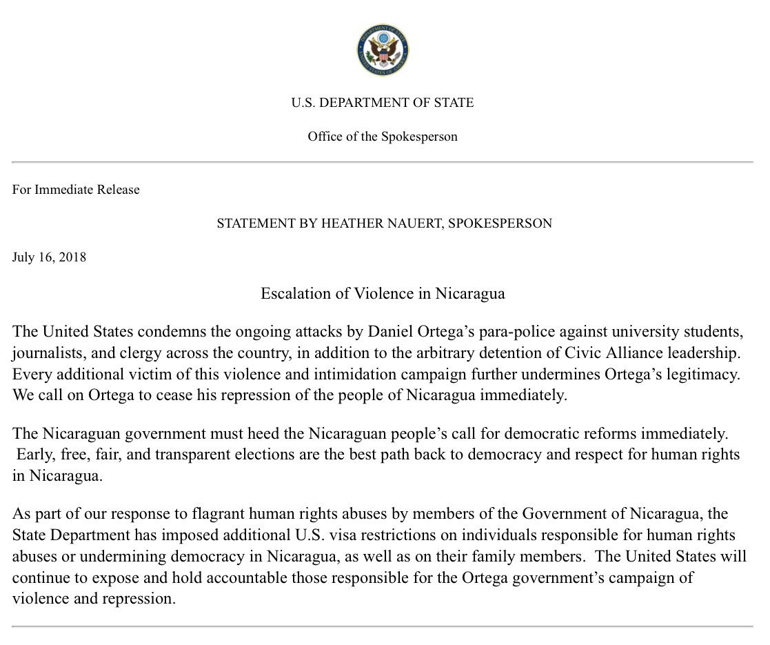 #Ortega’s attacks on the people of #Nicaragua must end now. Each instance of violence &amp; intimidation undermines his legitimacy. The U.S. will continue to take action against those responsible. Free, fair &amp; transparent elections are the best path back to democracy and #humanrights