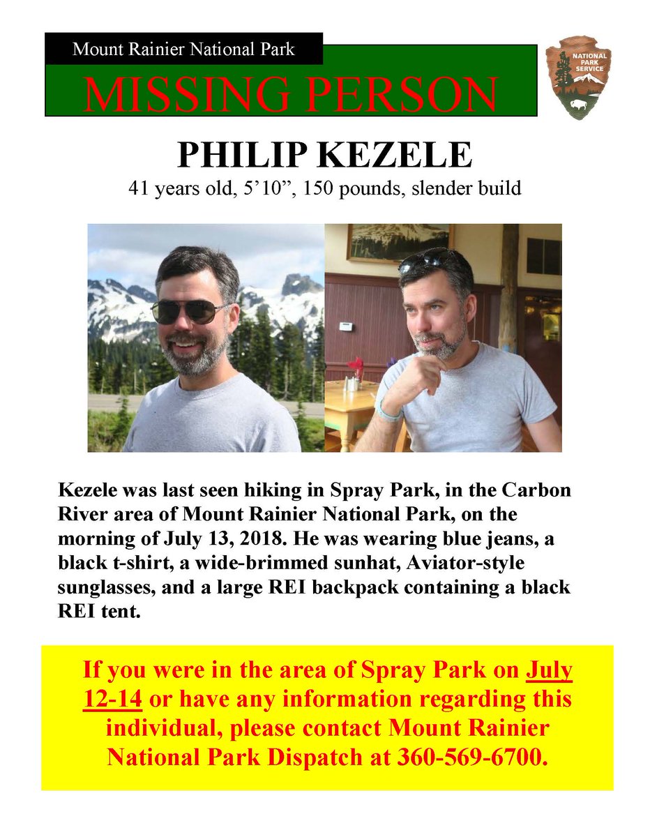 Poster reading "Missing Person Philip Kezele" showing a man with dark hair and greying beard wearing a grey T-shirt.