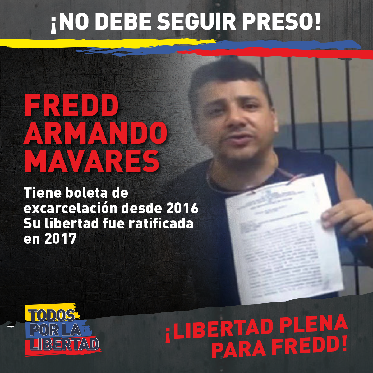TodosxLibertad's tweet photo. Fred Mavares y Reggie Andrade, los polichacaos presos políticos, ya tienen 2 años con boleta de excarcelación pero siguen detenidos y fueron llevados a la cárcel 26 de Julio ¡Exigimos justicia y libertad! #LiberenALosPolicías https://t.co/6wyXSdSewb