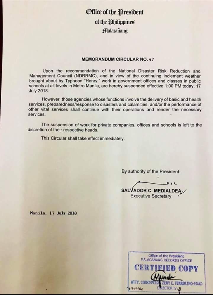 JUST IN: Malacañang suspends gov't work and classes in public schools at all levels in Metro Manila starting 1 p.m. today. #HenryPH | @NCorralesINQ