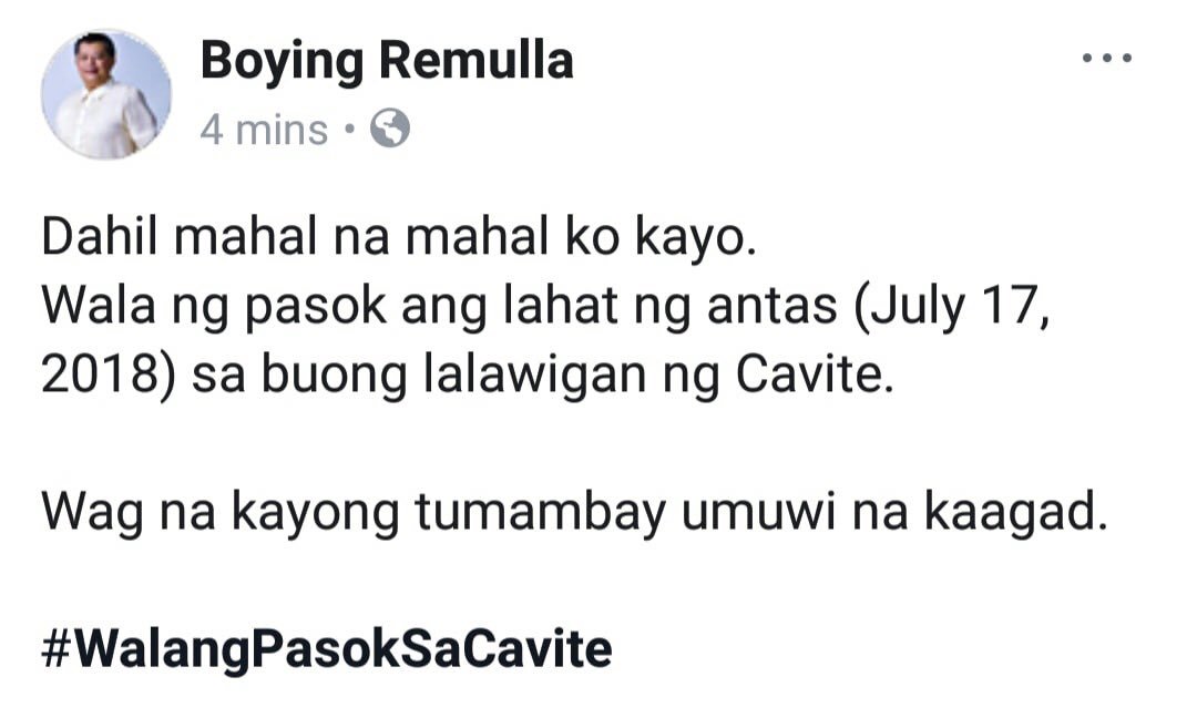 GenTriOfficial's tweet photo. #WalangPasok sa lahat ng antas sa buong Lalawigan ng Cavite ngayong araw ng Martes, July 17, 2018.

Mag-ingat po tayong lahat. 😊 https://t.co/P40uoGcKVq