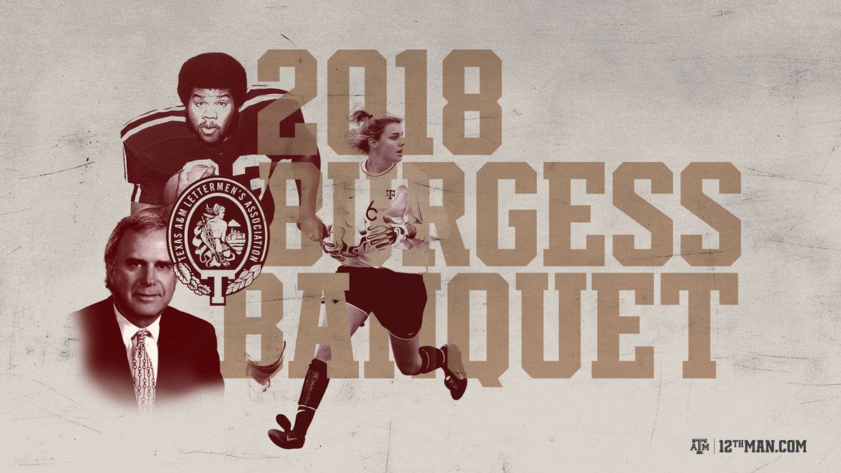 graphic reading "2018 Burgess Banquet" with three faded photos of Aggie athletes on a tan background
