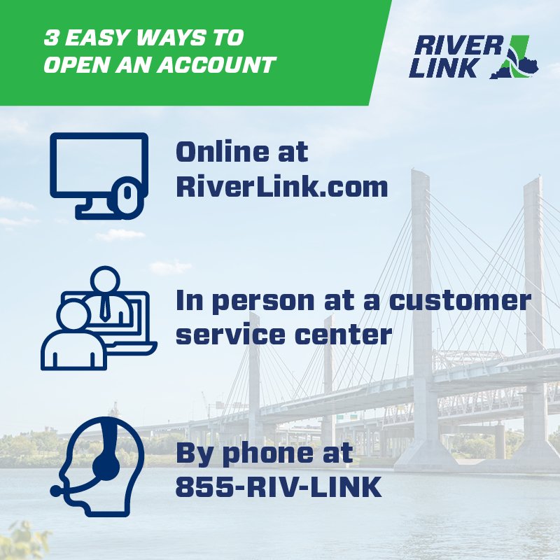 riverlinktolls's tweet image. There are not one, not two, but three ways customers can open a #RiverLink prepaid account to start saving. Click here to learn how customers can open a RiverLink prepaid account online: bit.ly/2aq3A5T