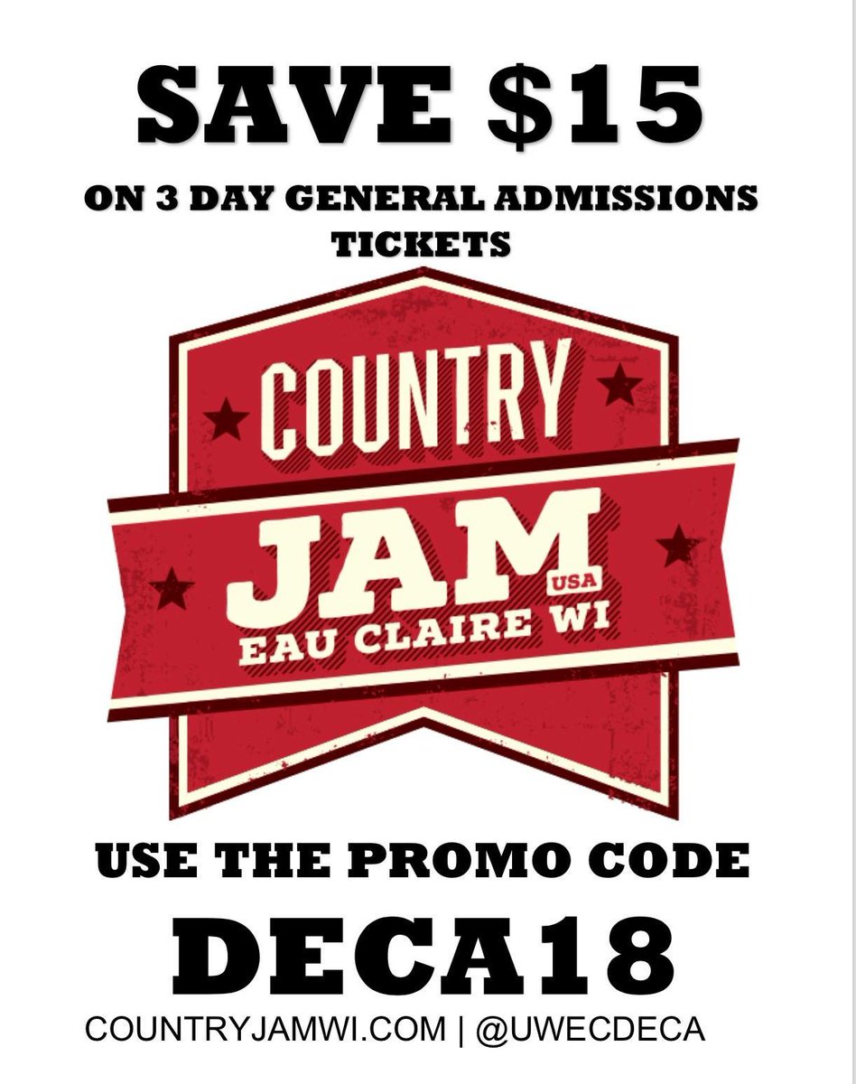 UWEC_DECA's tweet photo. Looking for last minute Country Jam tickets and don’t want to pay full price?! Use promo code DECA18 for $15 off a 3 day pass! https://t.co/wz45FEPgCU