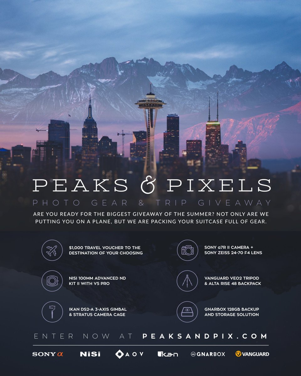 VanguardPhoto's tweet image. Peaks &amp;amp; Pixels = Total prize worth over $8K, including a Sony a7R II, GNARBOX, Ikan gimbal and camera cage, NiSi Advanced Filter Kit, Vanguard tripod + bag, and a gift card from Adorama! peaksandpix.com #peaksandpixels