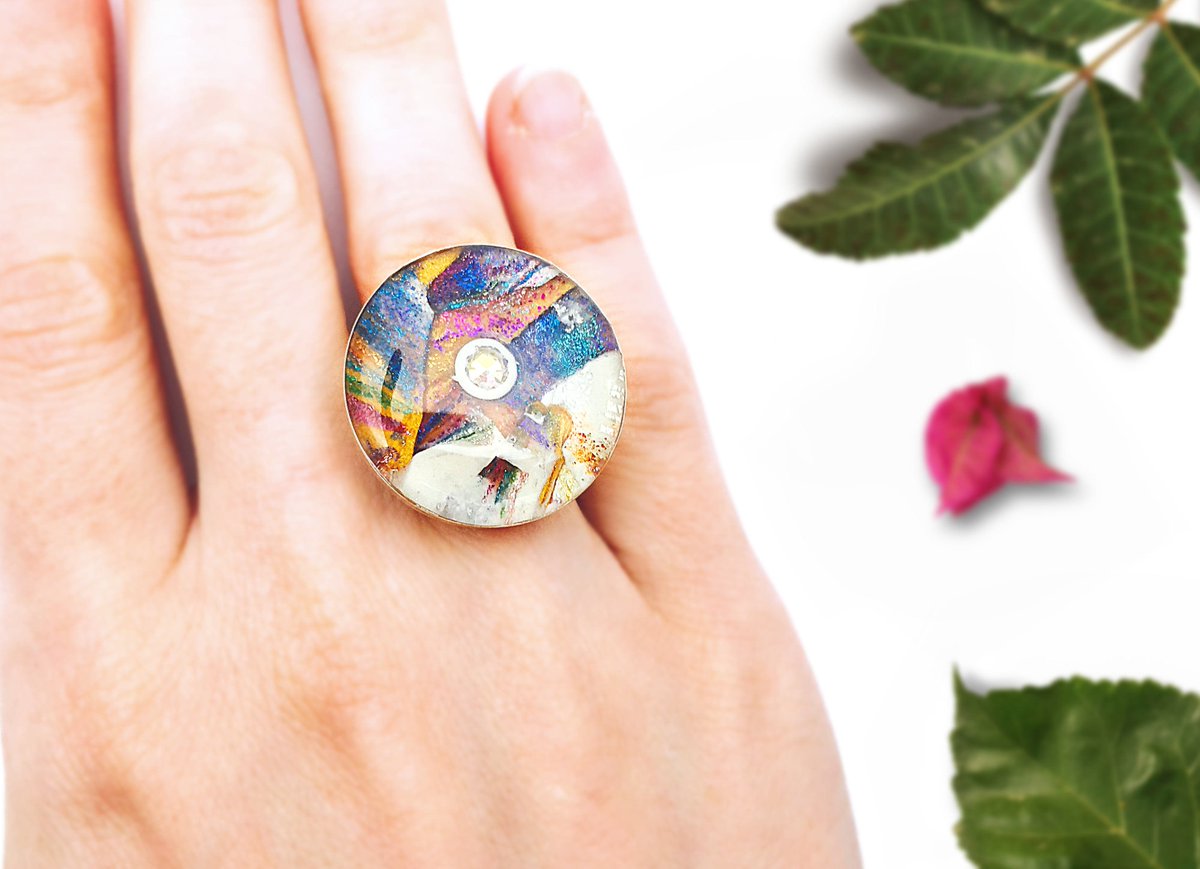 shinyque's tweet image. Multicolor fimo ring, Colorful ring, Abstract rings, Avant garde ring, Polymer clay modern ring, Ring with crystal, Handmade ring, for her tuppu.net/99213228 #Shoppingonline #ColorfulRing
