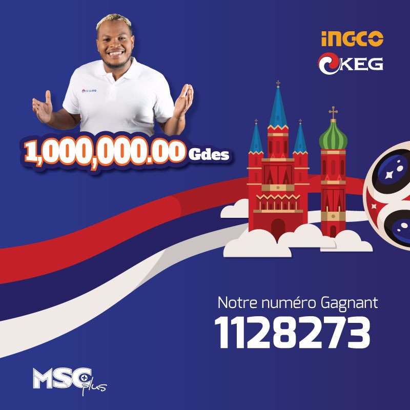 msc_haiti's tweet photo. La MSC PLUS S.A est fière de vous annoncer le numéro gagnant pour la promotion 
“ GAGNEZ 1 MILLION GOURDES ‘’
#mscplus #pluspourmoins #worlcup2018 #russie2018 #russie2018⚽ #football #footballfans #haiti #haiti🇭🇹 #soccer #socceraddict #winmillion #keg #ingco #mondyalakmsc https://t.co/bkfuw9V08X