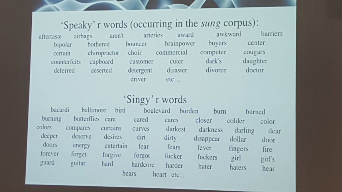My favourite result so far from Andy Gibson's fantastic work on accent in singing.   'Singy' words (used more in song than speech) are more rhotic in NZers' singing than 'speaky' words #sociophonaus