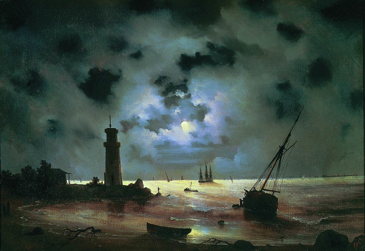 Today's twitter insanity may be the worst. Until tomorrow... Here is Aivazovsky's "Sea coast at night. Near the beacon"