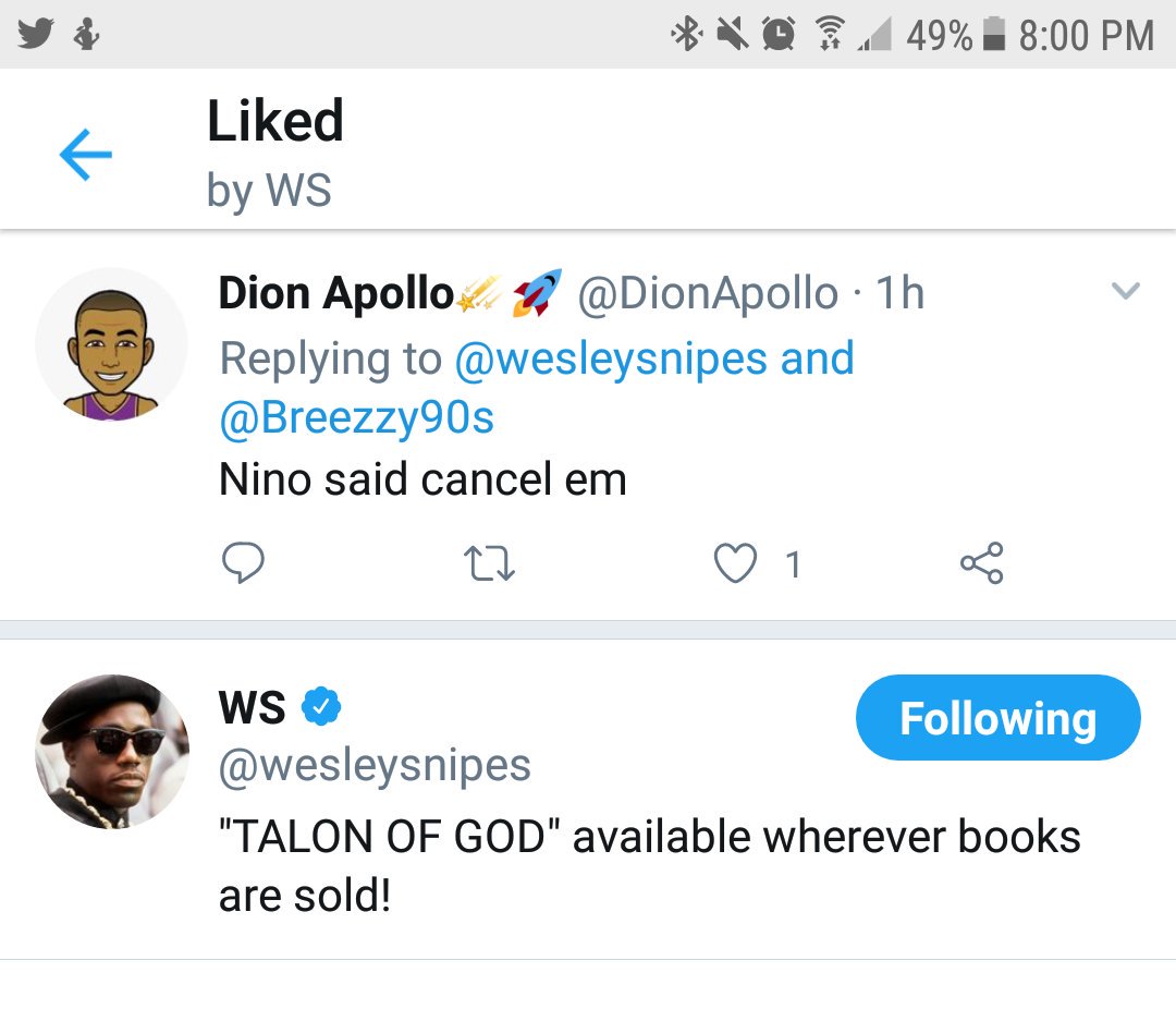 DionApollo's tweet photo. My lakers won & @wesleysnipes liked my tweet so my night is going well
& pick up his book #TalonOfGod
We need more black best selling authors ๐๐พ๐ฏ https://t.co/kccFJX3WrZ