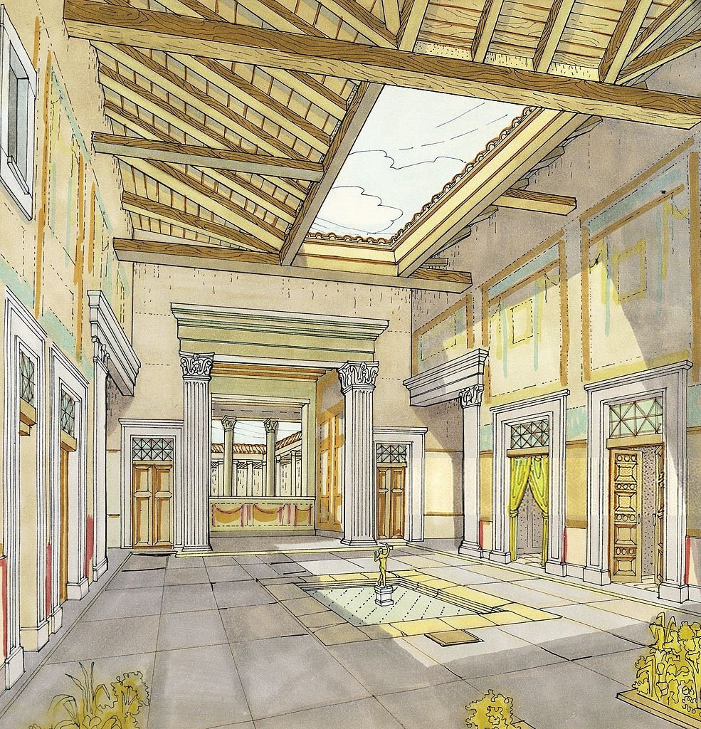In dense Roman cities most houses were built around the atrium, with an impluvium, a shallow pool, in the center, and the corresponding compluvium, an opening in the pitched roof. above.