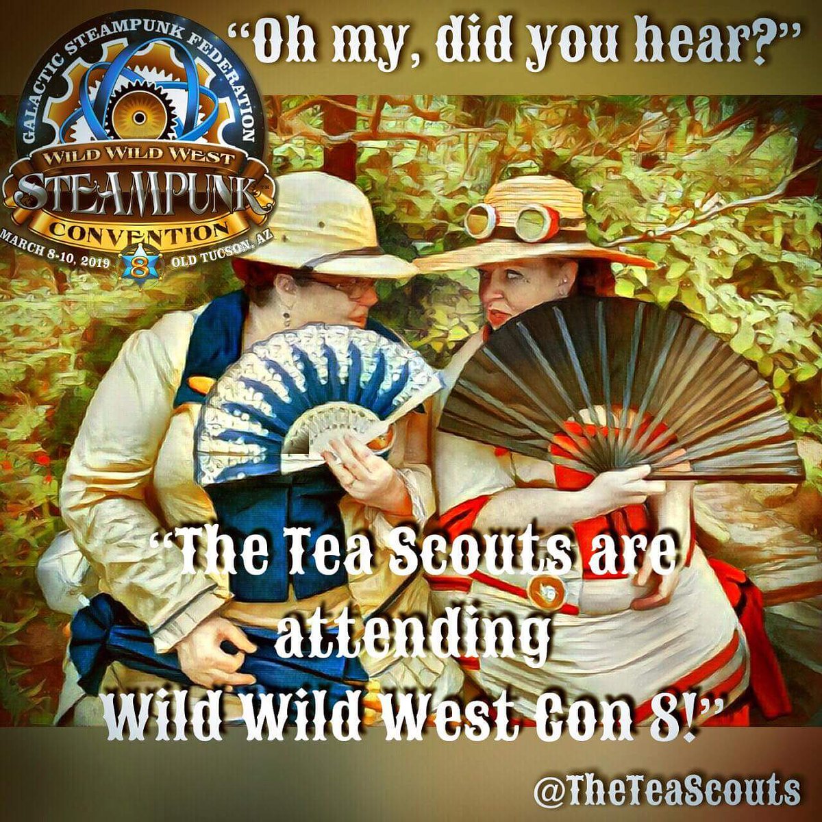 MadameAskew's tweet photo. Oh my yes, we will be back at @WildWestCon this coming year! The Tea Scouts will be planning more quests, more badges, and more charity activities. 

Thank you to @CreativePPNet
for this great image!  

#teascouts #wildwildwestcon #wwwc2019 #steampunk https://t.co/MsoJQNFN5F