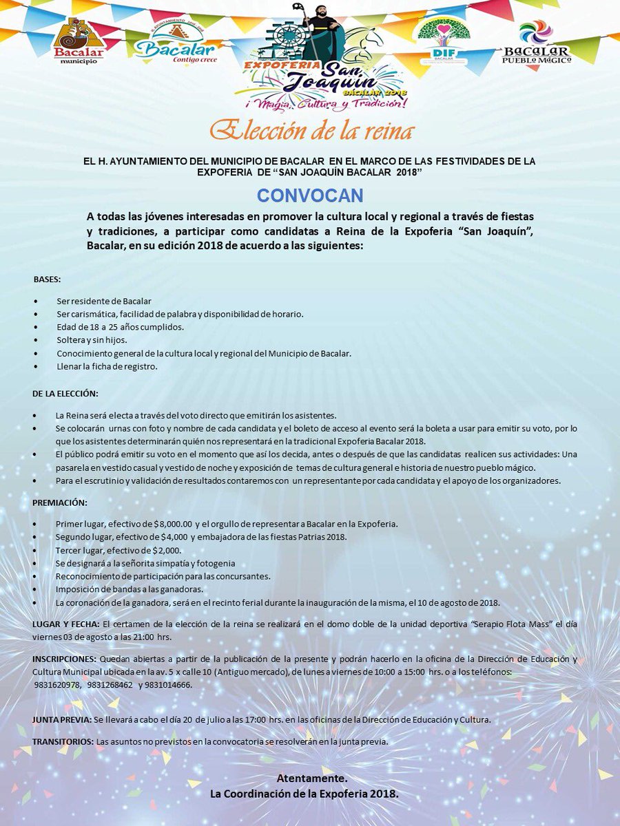 Convocatoria para elegir a la Reyna de la Expoferia “San Joaquín Bacalar 2018”.

Participa y diviértete.

#BacalarContigoCrece