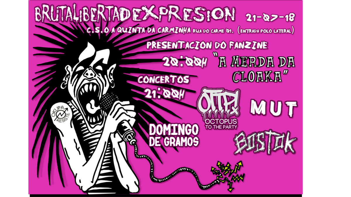 carminhanarede's tweet photo. Este sábado 21 de xullo.
20:00 h - presentación do fanzine "a merda da cloaka".
21:00 h - concertos https://t.co/PnK59kmyu2