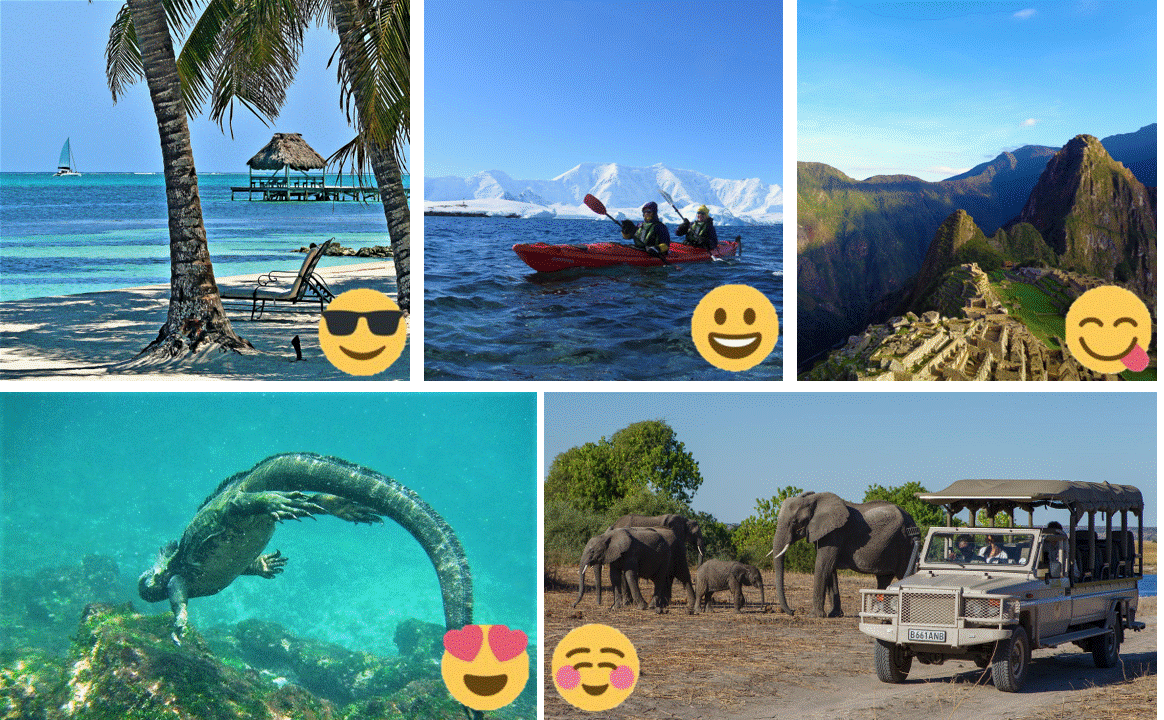 Distinct_Travel's tweet photo. Happy #WorldEmojiDay! Let us know where you would go on holiday:
😎 #beach - this pic is the beautiful #ambergriscaye in #Belize 
😀 #adventure - pic is in #Antarctica 
😋 #History and #culture - pic of Machu Picchu
😍 #wildlife - pic of #galapagos 
☺️ #safari - pic of #chobe https://t.co/VzyEgucLm5