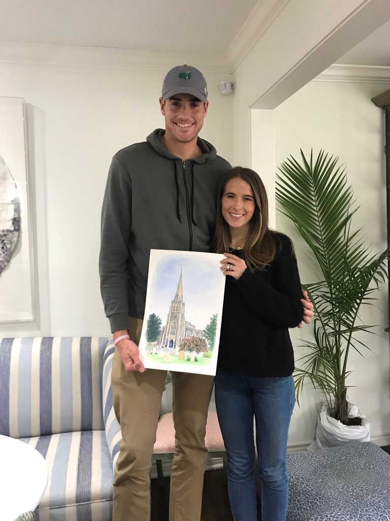 Proud that Wimbledon semi-finalist John Isner owns one of my paintings of @stmarywimbledon where he proposed to his future wife ❤️ @Wimbledon #Wimbledon2018