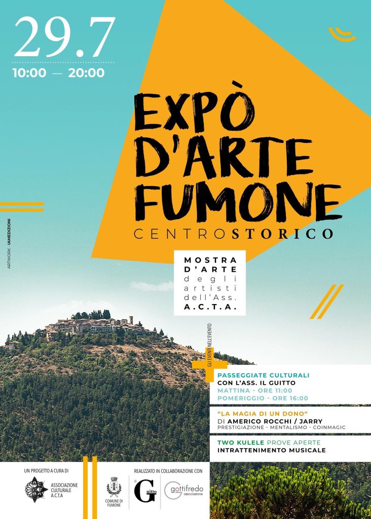 🗓29.7

📍Fumone-centro storico

🎨🤹🏻‍♂️🎺Expo d’arte e intrattenimento per grandi e piccini 

🎒Passeggiate culturali

#fumone  #visiteguidate #expoarte #pittura #intrattenimento #musicadalvivo #centrostorico #visitciociaria #visitlazio #estate2018 #29luglio #ciociariaeventi