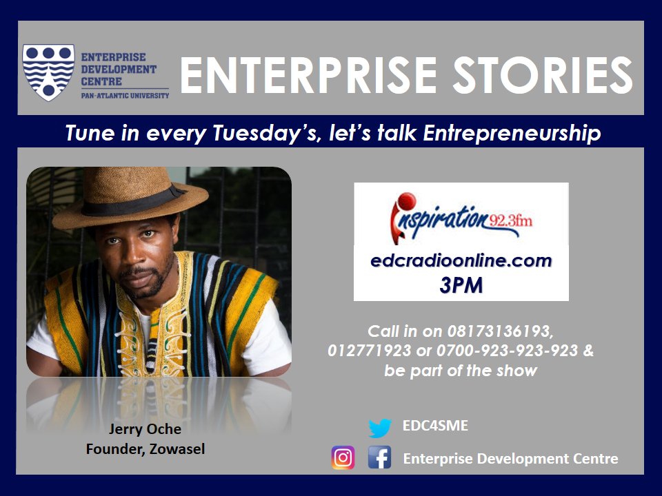 'Fail, that's one way to learn' - Jerry Oche

Today at 3pm on Inspiration FM @IFM923  ,founder of @zowasel  , @Jerryoche  would be live with @EDC4SME  , telling his tale of #entrepreneurship . Trust me, you do not want to be left out!

#SimplifyingTheFuture
#Agrictech 
#Zowasel