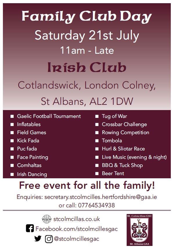 ** THIS WEEKEND ** 🤩

<a href="/StColmcillesGAC/">St Colmcilles GAC</a> V <a href="/TCG_Ladies/">TCG Ladies</a>
⏰ Throw in @ 11am
📆 Sat 21st July
📍 Radlett Road WD24 4LH

We will also be hosting our 80th anniversary celebrations from 11am hosted at @IrishClubStAlbn - A free family event! 🥂

#LadiesGAA #JuniorClubChampionship