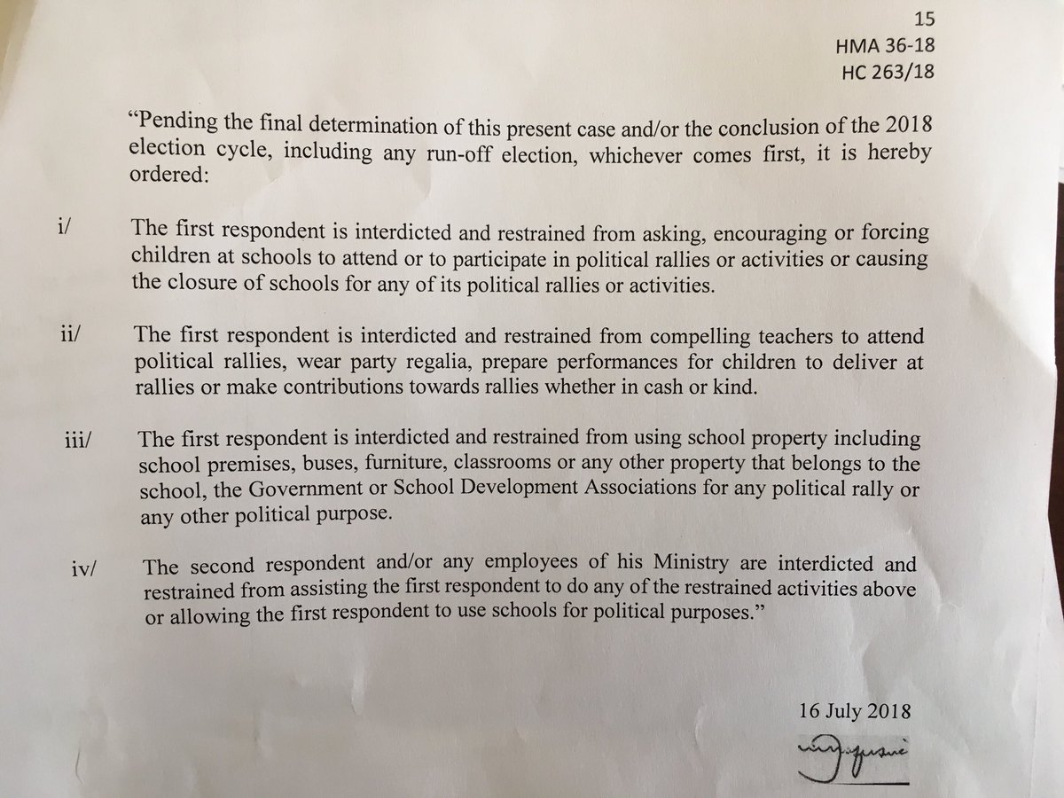 DougColtart's tweet photo. Yesterday Justice Mafusire handed down a bold judgment in ARTUZ v ZANU PF &amp; Minister of Education HC 263/18 upholding the rights of children and teachers and finding the respondents “guilty of blatant abuse of the rights and freedoms of school children” [para 34]. #SafeSchools https://t.co/zP9b0ulXjr