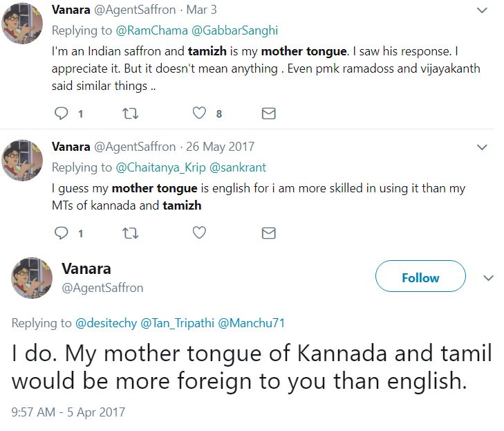 OMG!  #AgentSaffron: 'I speak Hindi at home my parents came to Bangalore from Haryana. Hindi is my mother tongue. ALSO my parents DON'T KNOW Hindi, father from Tamil Nadu mother Kannadiga.. my mother tongue is Kannada..& Tamil. Fuck it! My mother tongue is henceforth English!'