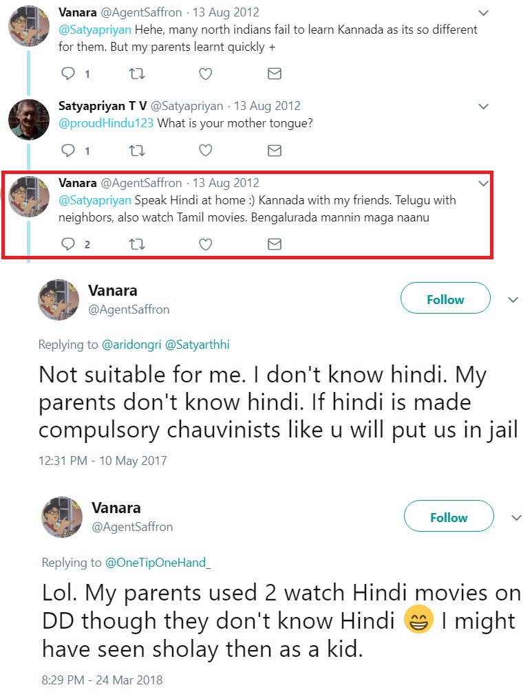 OMG!  #AgentSaffron: 'I speak Hindi at home my parents came to Bangalore from Haryana. Hindi is my mother tongue. ALSO my parents DON'T KNOW Hindi, father from Tamil Nadu mother Kannadiga.. my mother tongue is Kannada..& Tamil. Fuck it! My mother tongue is henceforth English!'