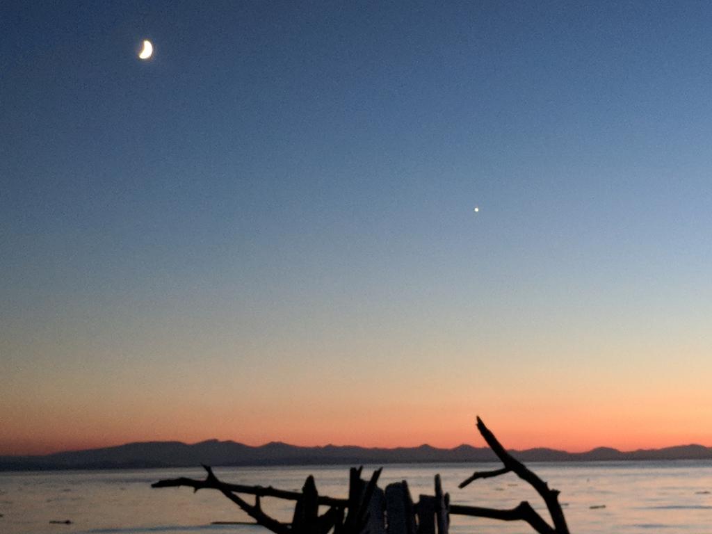 MuketyMuk's tweet image. The #Moon dancing with #Venus from #LighthousePark #PointRoberts looking west across #GeorgiaStrait. Warm, light easterly land breeze starting up. Quite a high tide.  A few dolphins that's all.. #WAWX #BCStorm
