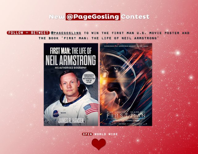 New @PageGosling #GIVEAWAY 
Follow + RT @PageGosling to have the chance to win the <a href="/FirstManMovie/">First Man</a> U.S. movie Poster and the Book ‘First Man: The life of Neil Armstrong’  #ryangosling #contest #firstman #space #nasa 😉 Good Luck ... Ends: 08.15.2018 Opened Worldwide