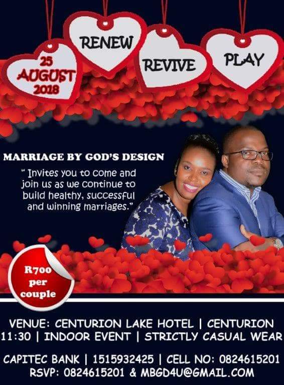 EricanSA's tweet photo. Come be a part of The Gathering of Marriages 2018 at #MBGD where you become so free that nothing else matters but #Love because "sisooo"

25 August 2018

#Renew 
#Revive 
#Play https://t.co/Wu3xD3DwId