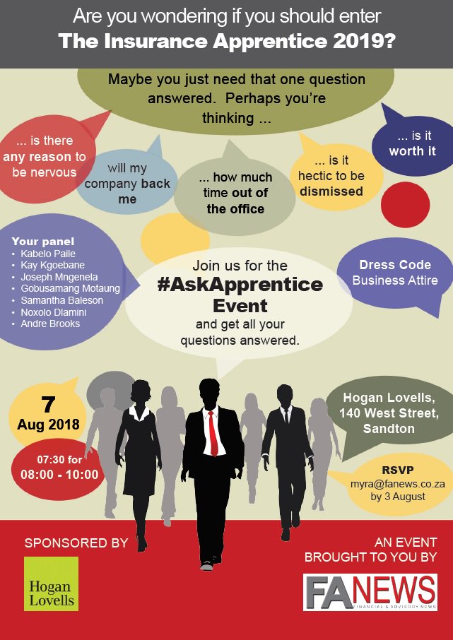 TheInsApp's tweet photo. Are you hesitant about entering @TheInsApp? We have just the thing for you. @HoganLovells SA will be hosting/sponsoring a #AskApprentice event on 7 August. Why not come &amp; meet previous TIA contestants. Email myra@fanews.co.za to book your space. https://t.co/wu9Ibt3rAa