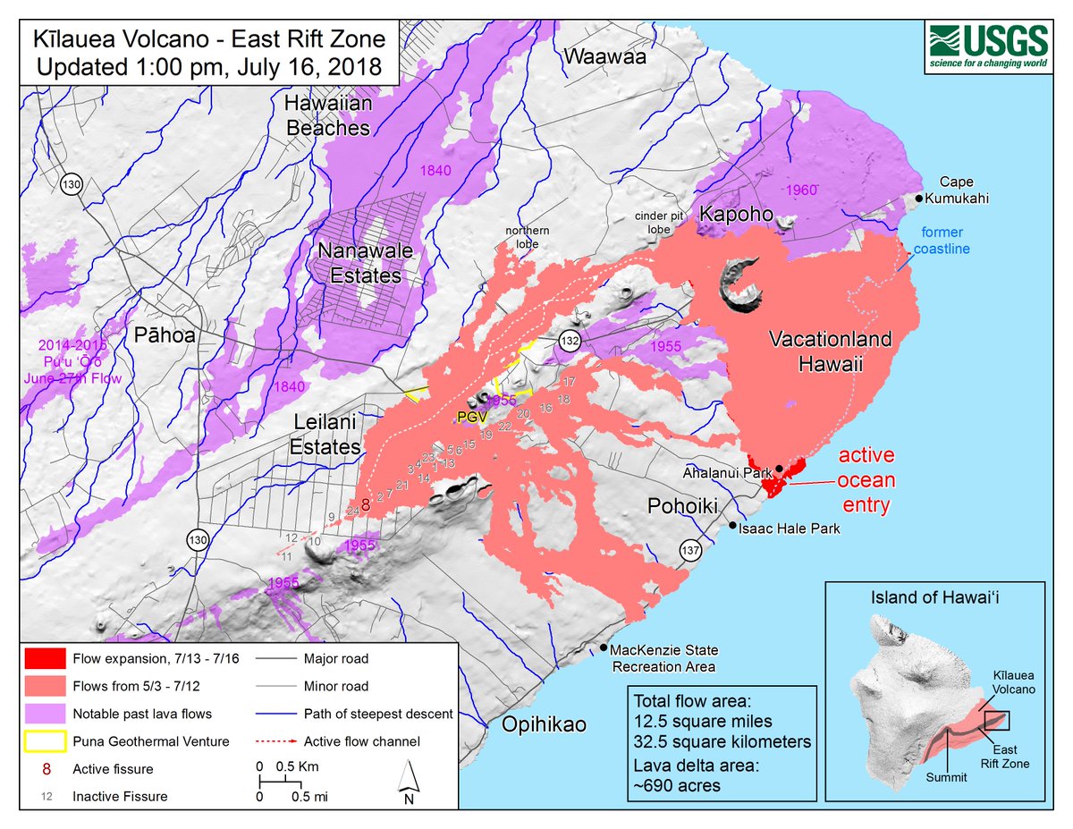 USGSVolcanoes's tweet photo. As of 1PM HST today, #Kilauea #LERZ #lavaflow #map shows 690 acres of new land. https://t.co/IjZjhF7htS
#KilaueaErupts #KilaueaEruption #lava #oceanentry https://t.co/lRFzlqu35B