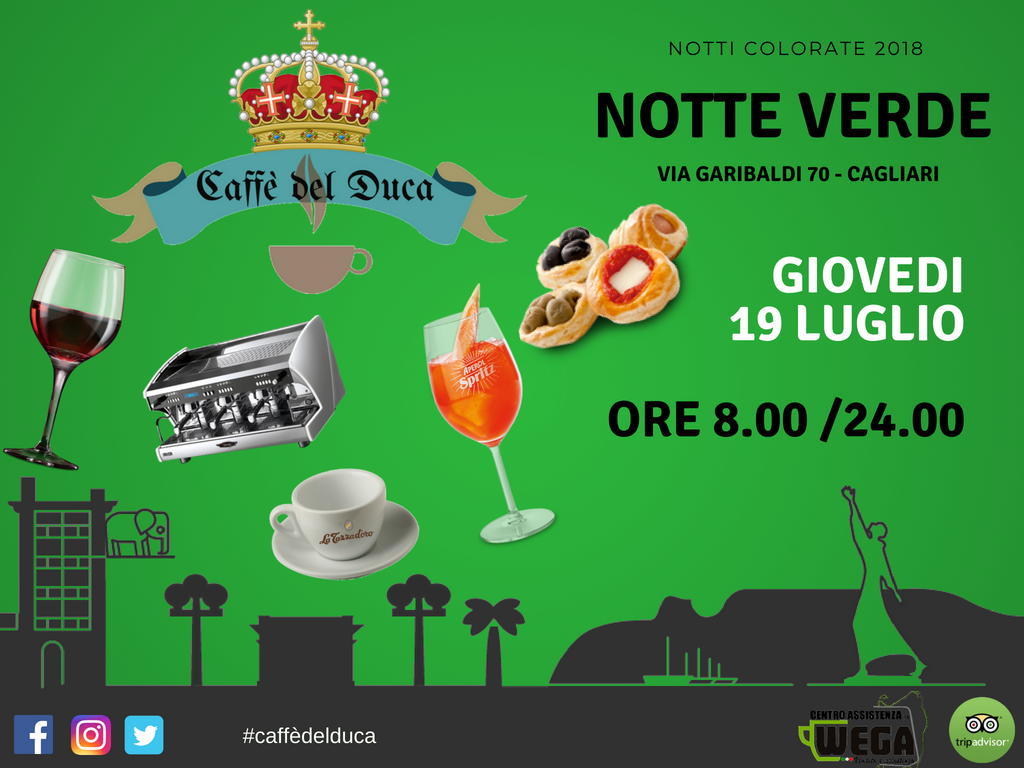 CaffedelDuca's tweet photo. Dal Duca si rinnova l'appuntamento delle #notticolorate2018, un ricco aperitivo, un buonissimo caffè e non solo ti aspetta questo giovedi fino alle 24.00. Ricorda di usare l'hashtag #caffèdelduca. Vi aspettiamo numerosissimi !!!#cagliari #centroassistenzawega #latazzadoro https://t.co/YQLNXpSQCL