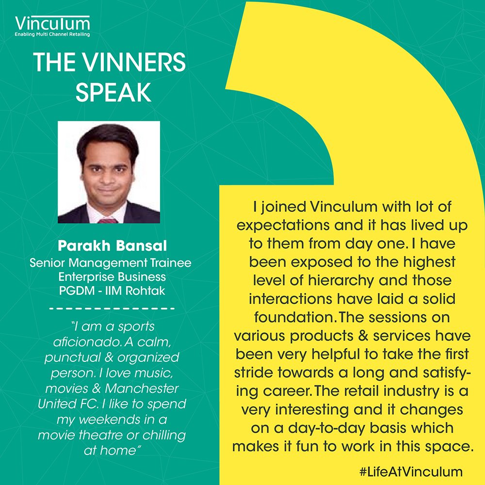 Vin_Omnichannel's tweet image. Parakh Bansal, Senior Management Trainee, Enterprise Business- talks about his interests and his experience working with Us

#LifeAtVinculum #EmployeeSpeak #FirstImpressions #GreatPlacetoWork #VinnersSpeak #DaVinningCode